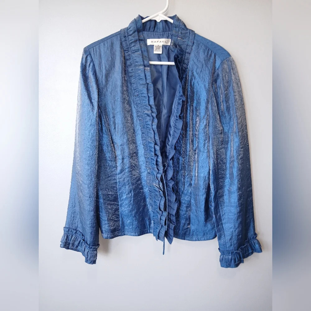 Rafael womens 14 blue iridescent ruffle sleeve jacket shimmery concert venue